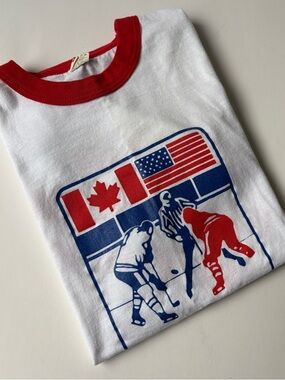 Screen Stars White Ringer Tee Red & Blue Hockey Graphic Can Am Heated Rivalry